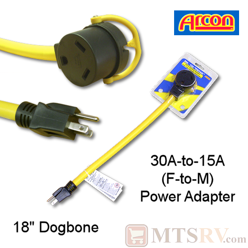 Arcon 30A-to-15A (F/M) 18" Yellow Dogbone Adapter - Model 14365 - 110V Pigtail Extension