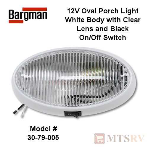 Bargman 12V Oval Porch Utility Light in White with Black Switch and Clear Lens 30-79-005
