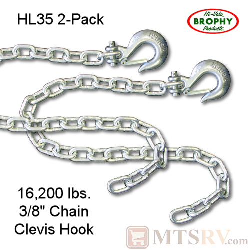 CR Brophy HL35 16,200 lb. Heavy Load 3/8" Safety Chain With Latching Clevis Hook - 2-Pack