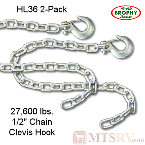 CR Brophy HL36 27,600 lb. Heavy Load 1/2" Safety Chain With Latching Clevis Hook - 2-Pack