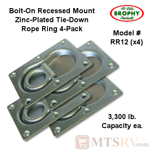 CR Brophy - Model RR12 - 4-PACK - Zinc-Plated 3.3K Rectangular Recessed Tie-Down Rope Ring