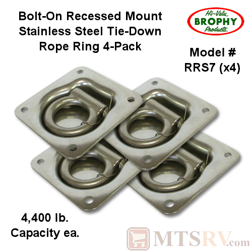 CR Brophy - Model RRS7 - 4-PACK - Stainless Steel 4.4K Square Recessed Tie-Down Rope Ring