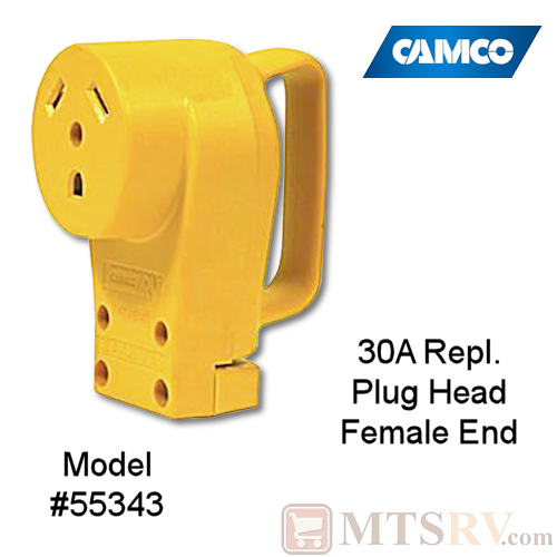 Camco RV 30A Electrical Cord Replacement Plug Head w/ Power Grip Handle - FEMALE END - Model 55343