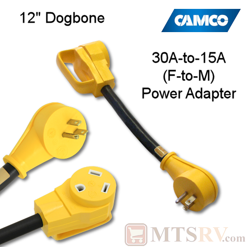 Camco RV HD Power Grip 30A-to-15A (F-M) 12" Dogbone Adapter - Yellow Grips - Model 55165