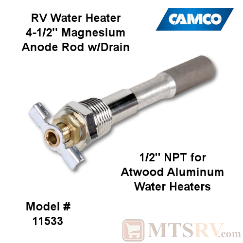 Camco RV 4.5" Magnesium Anode Rod w/Drain- 1/2" NTP - Model 11533 - for Atwood Aluminum Water Heaters