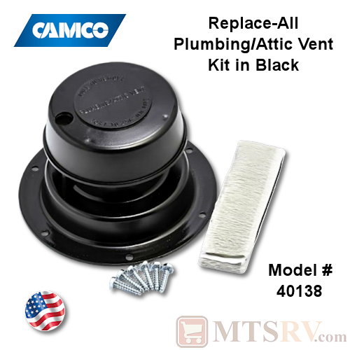 Camco RV Model 40138 Replace-All Plumbing/Attic Vent Cover Kit w/Screws & Putty Tape - Black - USA Made