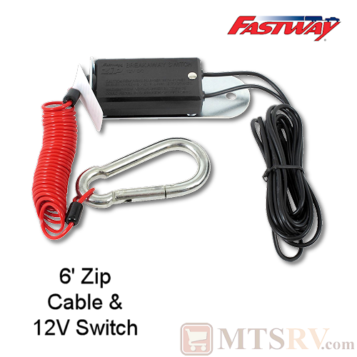 Fastway ZIP 6' Coiled Trailer Breakaway Cable w/Carabiner and 12V DC Switch - No Drag Spiral Cord - #80-00-2060