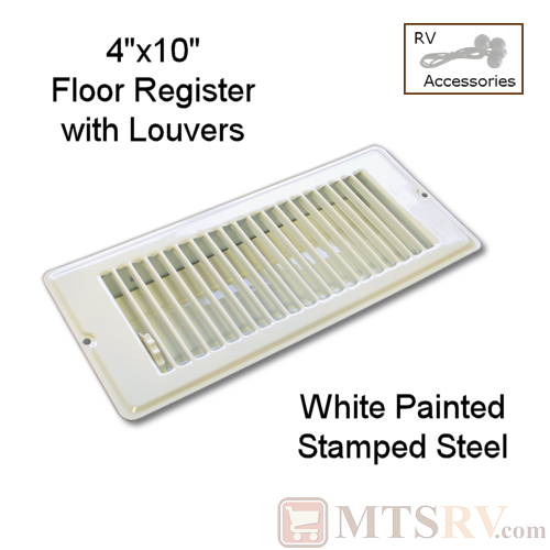 METAL WHITE 4" x 10" Floor Register with Louvers - Painted Stamped Steel - for RVs & Trailers