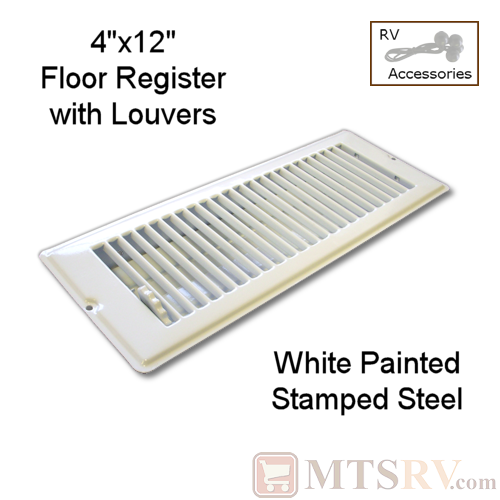 METAL WHITE 4" x 12" Floor Register with Louvers - Painted Stamped Steel - for RVs & Trailers