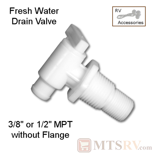 PLASTIC Polar White Fresh Water Tank Hose Drain Valve / Spigot - 1/2" and 3/8" MPT without Flange