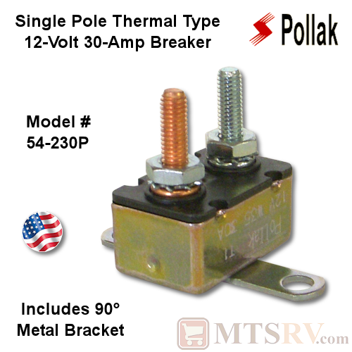 Pollak Single Pole Thermal Type Cycling Auto-Reset Breaker - 12V 30A - with Metal Base & 90 Degree Bracket - Model 54-230P