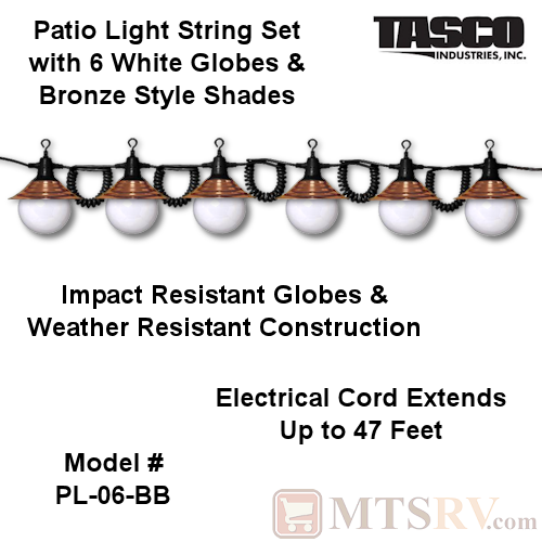Tasco Patio String Light Set - 6 White 5" Globes w/Bronze Style Shades - Model PL-06-BB