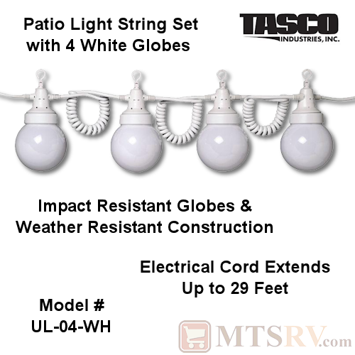 Tasco Patio String Light Set - 4 White 5" Globes w/White Housings, Hooks & Electrical Cord - Model UL-04-WH