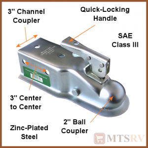 Brophy KH23 Trailer Coupler - 5,000 lb - 2" Ball x 3" Channel - Zinc-Plated Steel